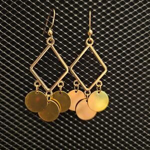 Goldtone diamond-shaped and disc chandelier earrings